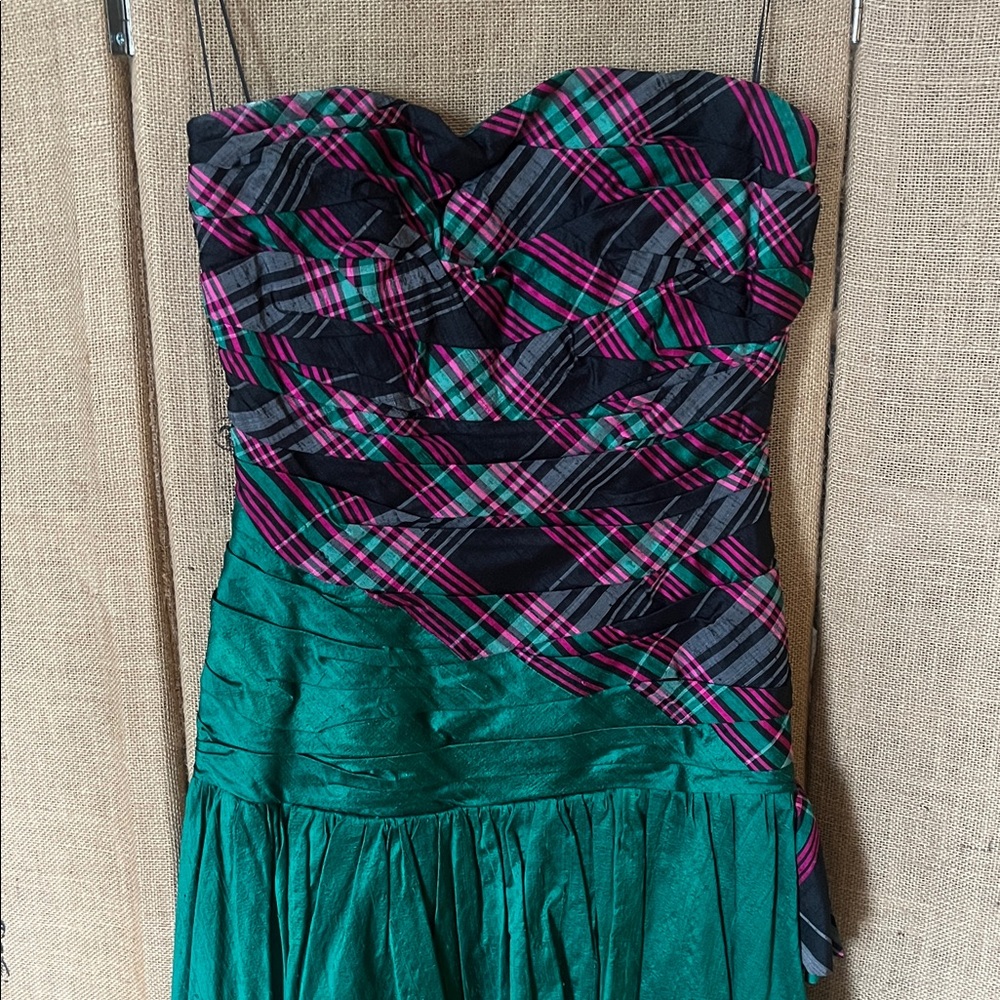 80s Strapless Plaid Pink and Green Dress - Picture 3 of 14